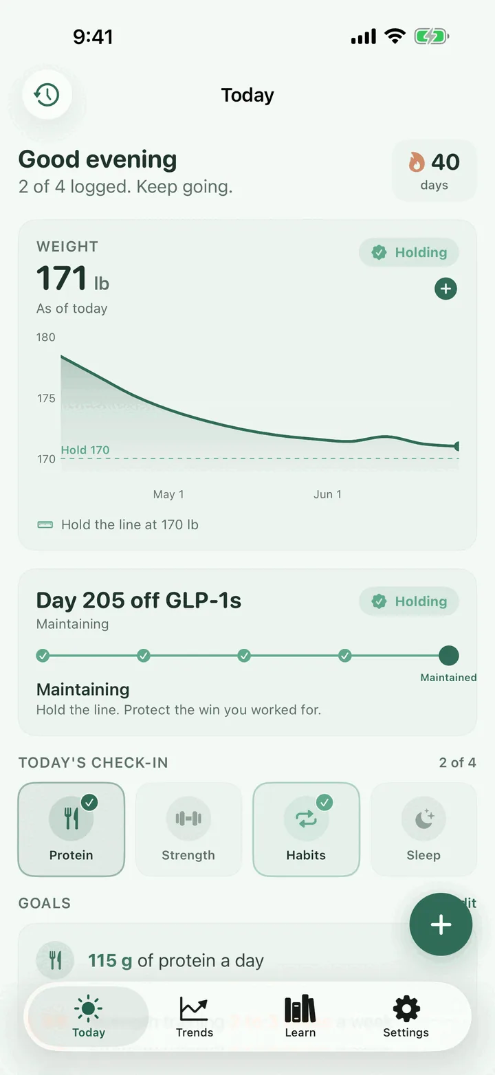 GLP-Done Today screen with your daily plan, streak, and phase